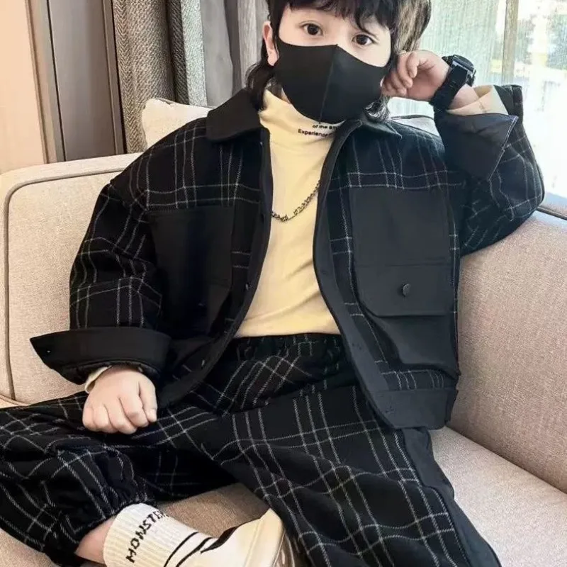 Boys' 2025 Spring Suit Set Kids' Korean Style Checkered Ankle Tied Pants Blazer Two Piece Outfit
