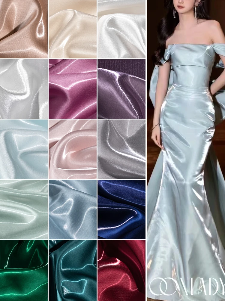 Glossy Satin Reflective Fabric By The Meter for Dresses Clothes DIY Sewing Plain Fashion Designer Cloth Comfortable Smooth White