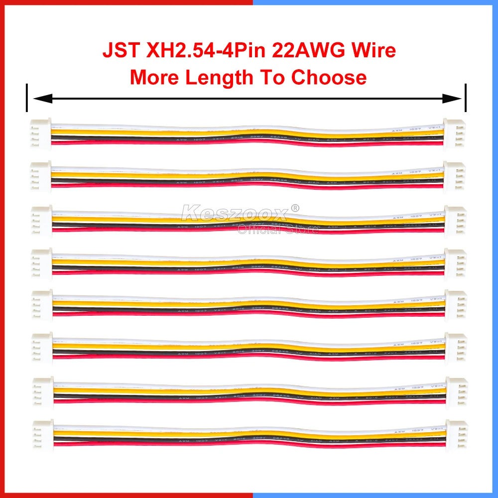 JST XH 2.54mm Pitch XHP-4 4Pin Connector Housing with 10cm to 100cm Wire Cable