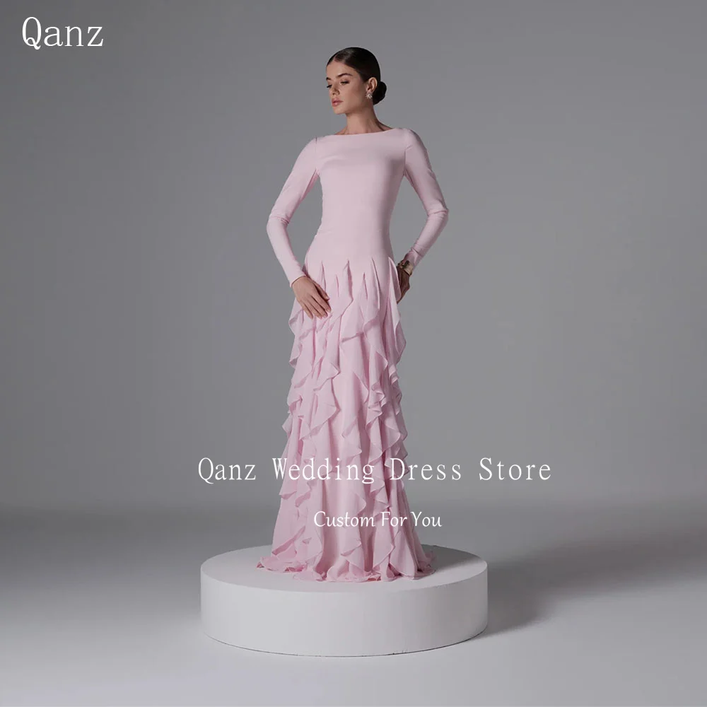Qanz Dubai Chiffon Evening Dresses Pink Long Sleeves Multi‑layer Ruffles Formal Occasion Dress Women Robe De Soirée Customized