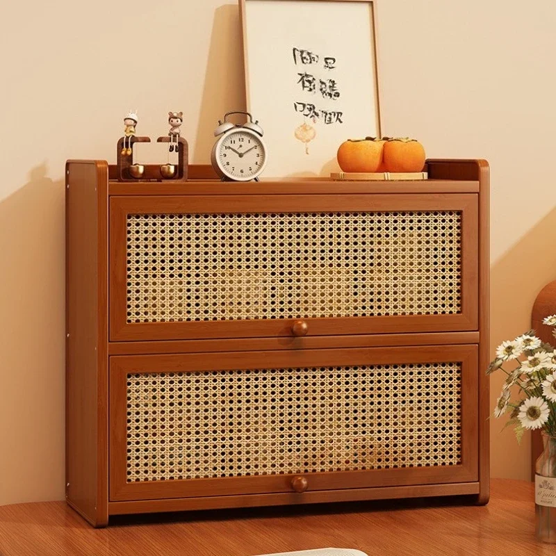 Internet celebrity Desktop shelf imitation rattan woven multi-functional finishing floor locker multi-layer flap storage cabinet