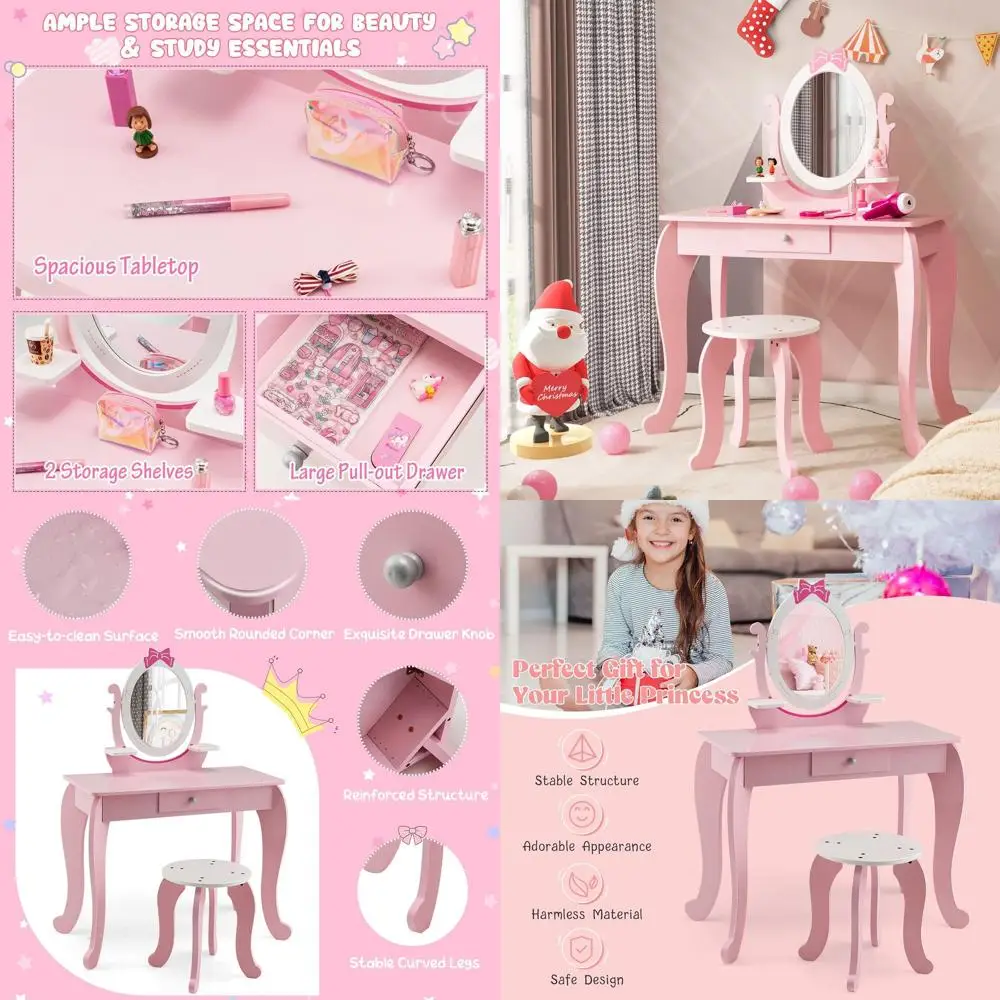 

2-in-1 Kids Makeup Vanity Desk with Detachable Top, 360° Mirror, Stool for Ages 3-7