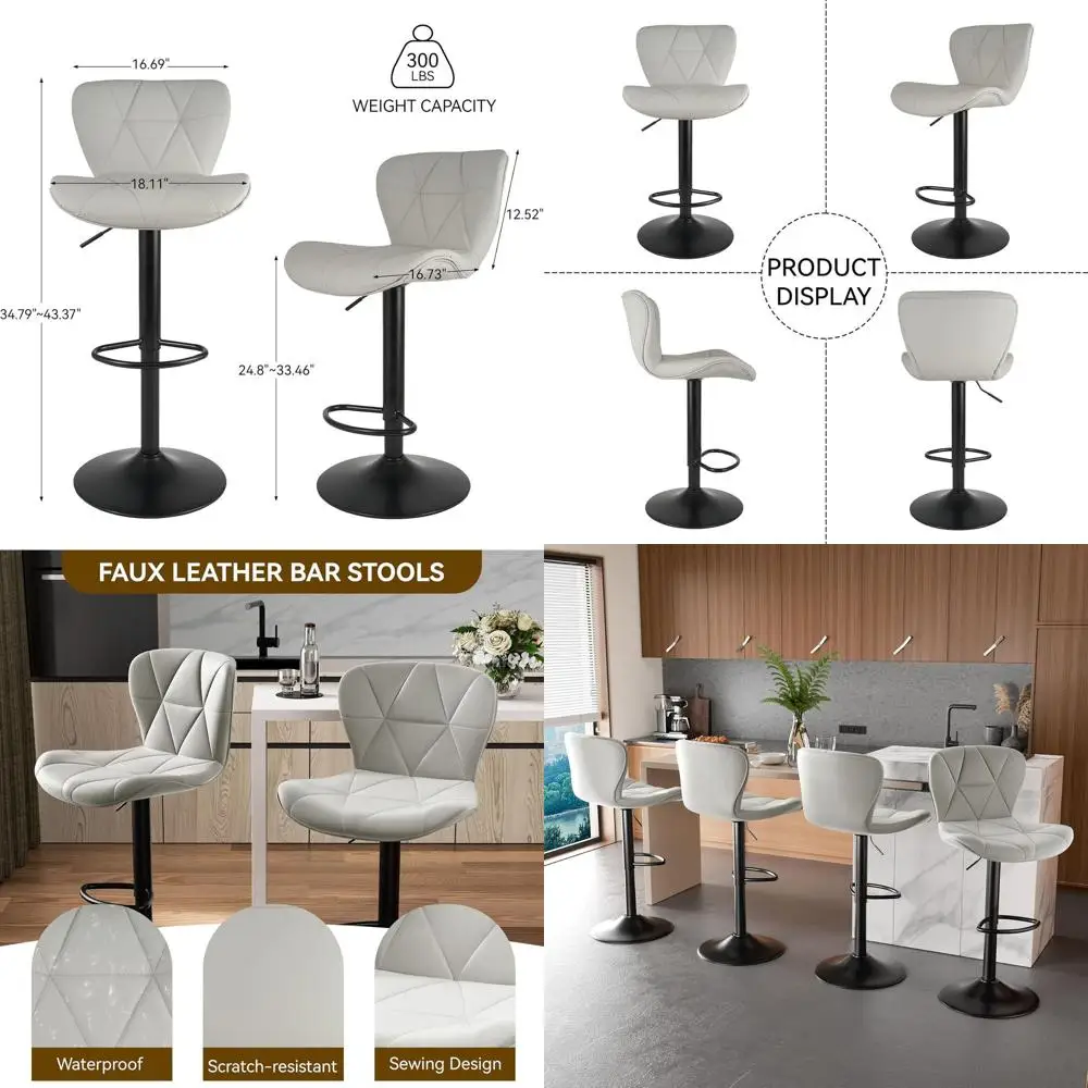 

Pair of Adjustable Swivel Bar Stools with Leather Upholstery, Light Grey, Suitable for Counter Height or Kitchen Island