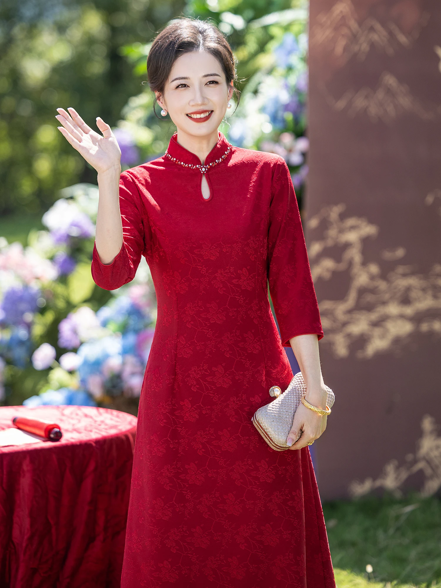 

October Wedding Celebration New Chinese Sle Long Sve New Mom Dr Su Jing Xiang Brand Retro Sle Mid-Length Gown