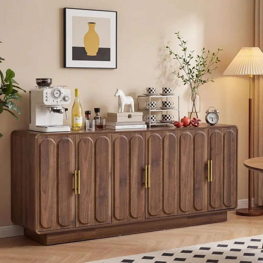

63 Large Walnut Sideboard with 7 Storage Compartments for Kitchen, Dining, and Living Spaces
