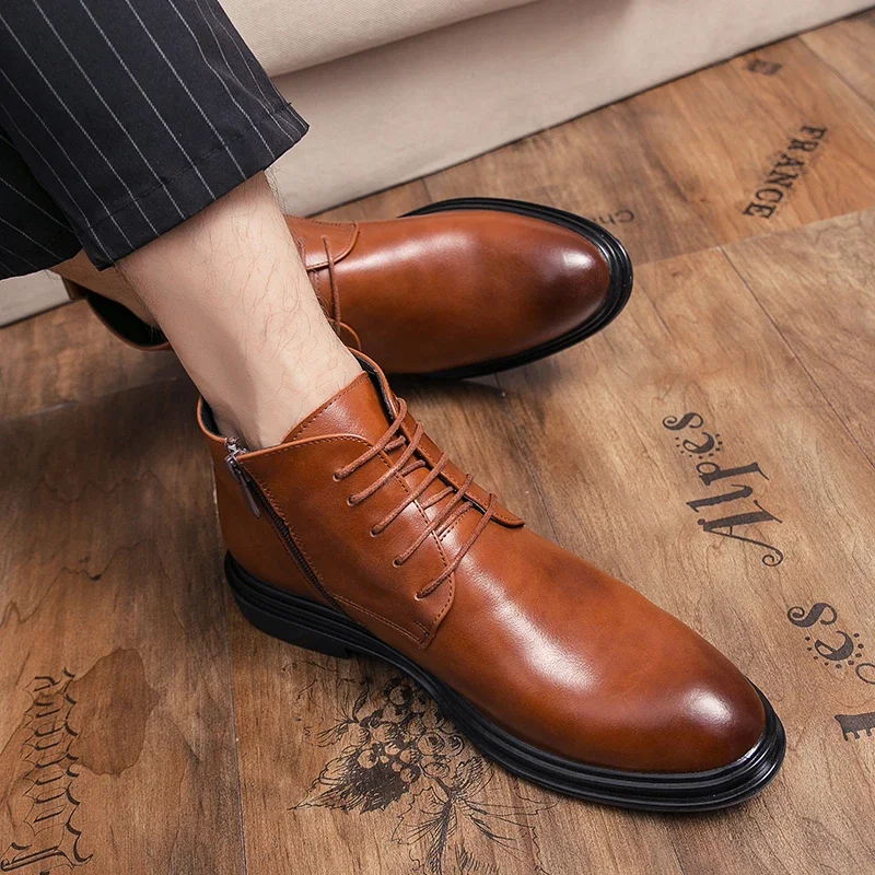 Men Round-toe Low-heel Leather Ankle Boots With Lace-up Design And Side Zipper For Business