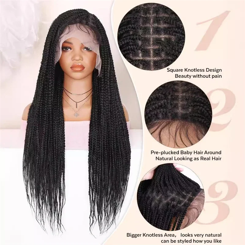 Parrucca intrecciata in pizzo pieno da 36 pollici parrucca lunga sintetica per le donne parrucca Glueless intrecciata con tre Cornrow neri naturali