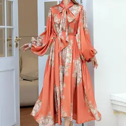 New Vintage Butterfly Collar Elegant Long Sleeve Chic Print Asymmetrical Satin Dresses French High Street Autumn Women Clothing