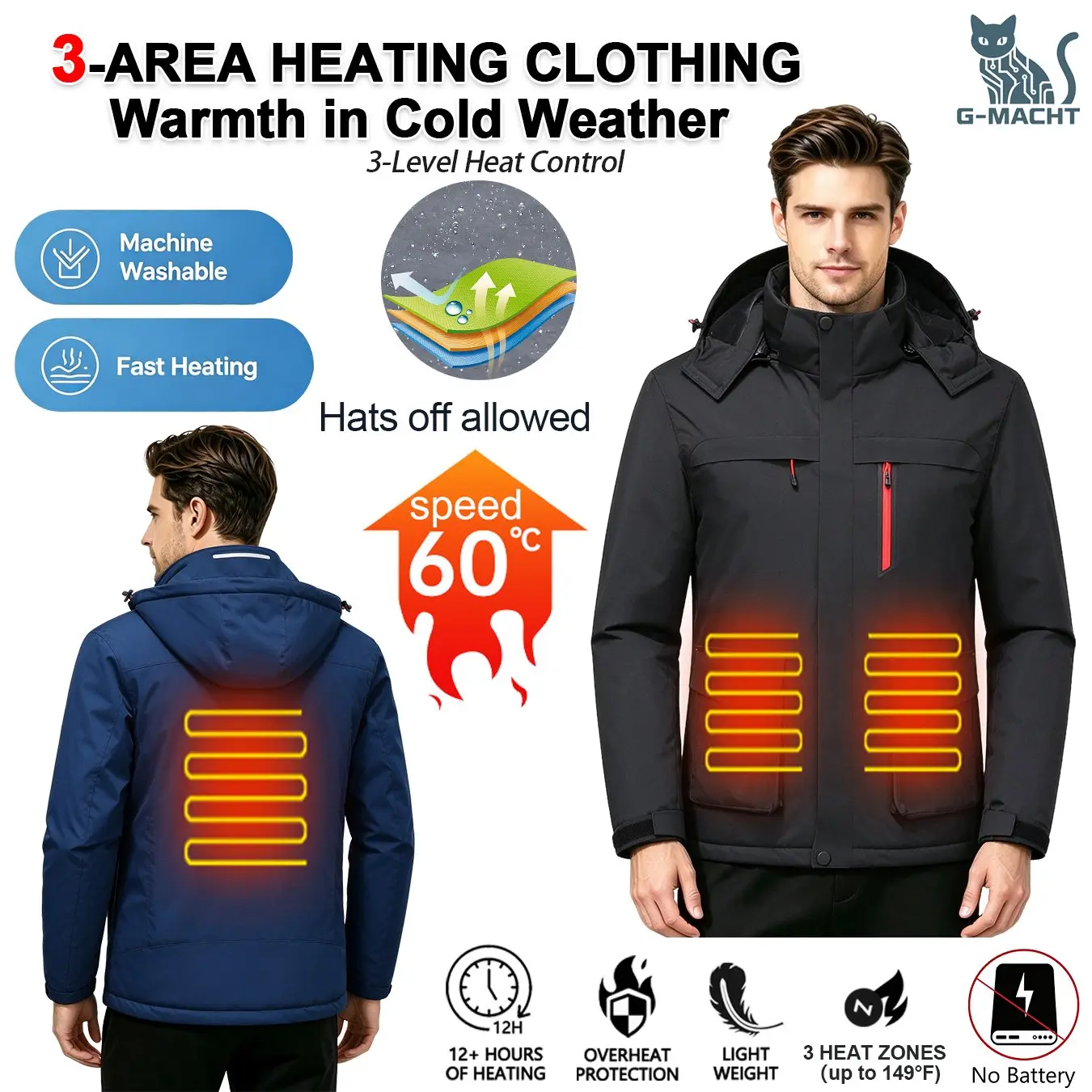 Men Rechargeable Heated Jacket Detachable Hood Waterproof Windproof Winter Warm Heating Coat Outdoor Ski Thermal Outerwear
