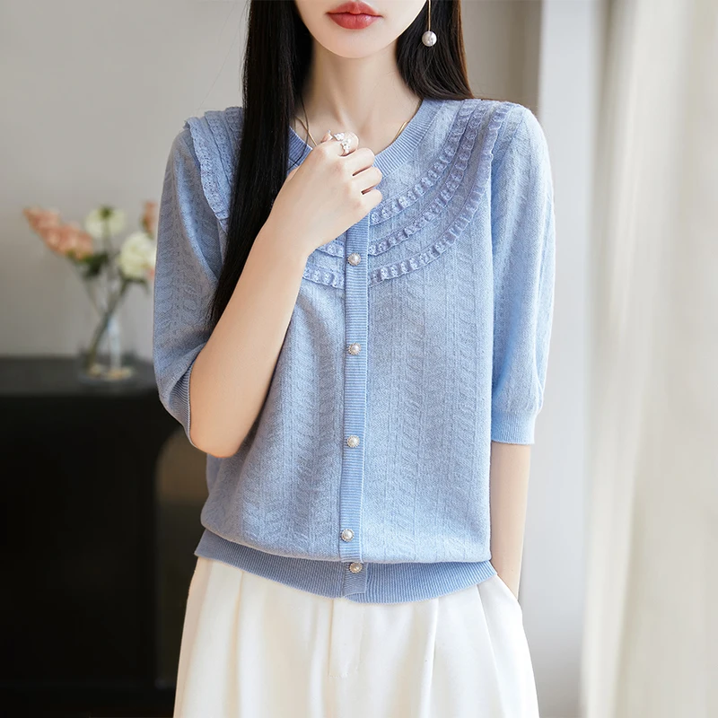 Summer new 100% pure wool wood ear cardigan women's round neck short sleeve solid color twisted sweater coat needle coat