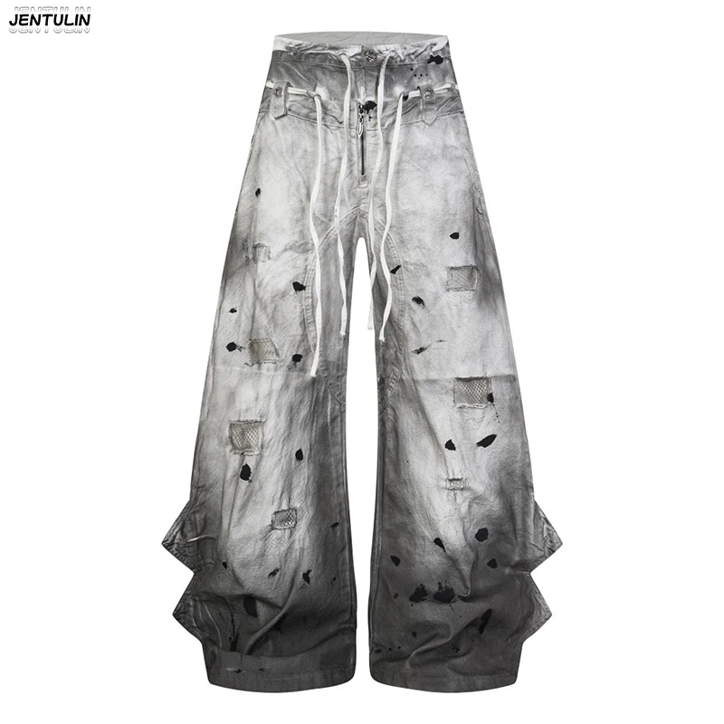 Y2k Abandoned Soil Style Gradient Wide Leg Pants Heavy-Duty Damage Splashed Ink Mesh Fabric Splicing Workwear Jeans Unisex