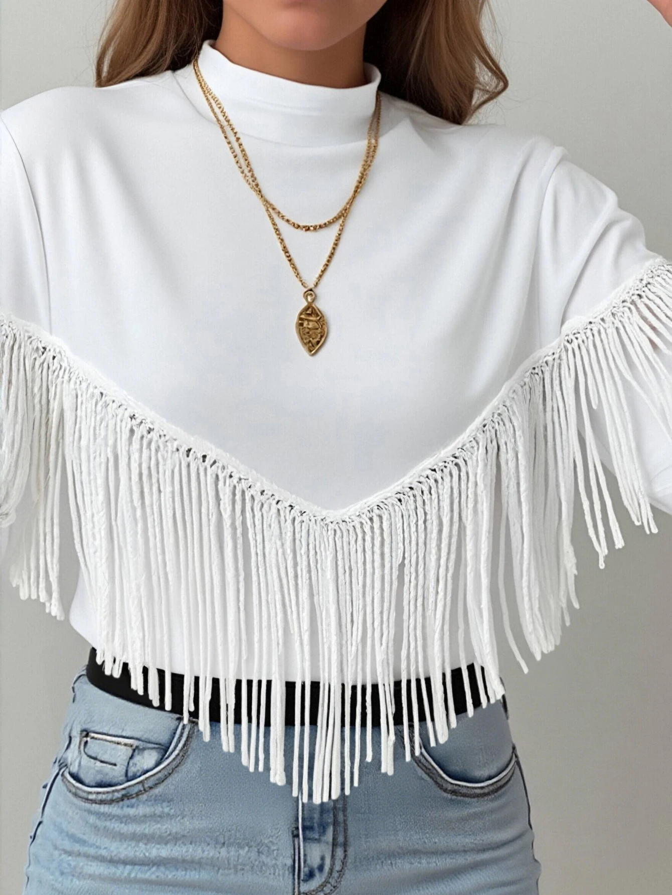 تي شيرت نسائي بأكمام طويلة موضة الخريف أساسي بلون سادة ورقبة وهمية كاجوال تي شيرت بتفاصيل شرابة