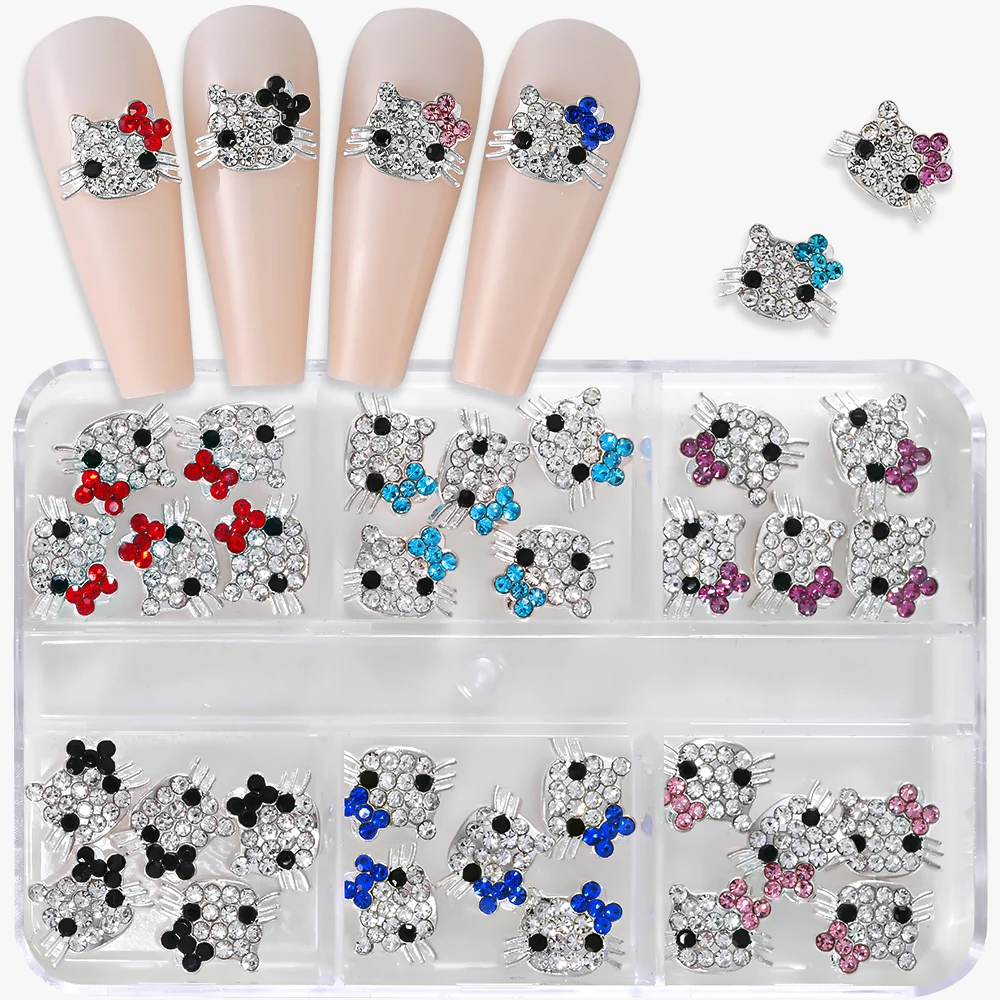 30pcs/Box Hello Kitty Nail Charms 3D Cute Cartoon HelloKitty Rhinestone Crystal Nail Accessories For Women DIY Luxury Nail Decor