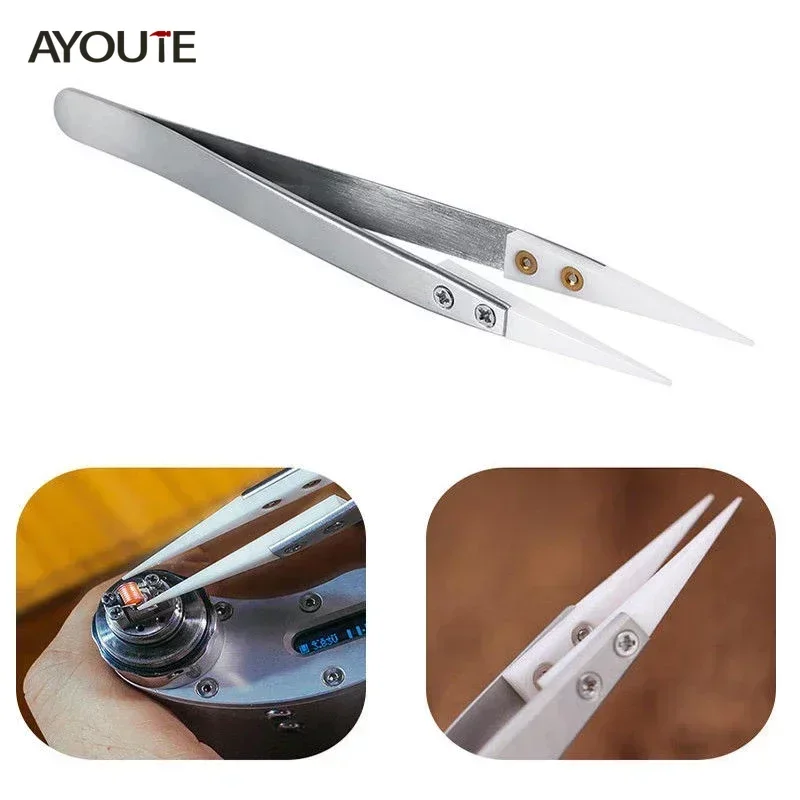 3/6PCS Ceramic Straight Tip Electronic Soldering Tweezers, Anti-Static Reverse Acid Resistant Precision Chuck Tweezers Set