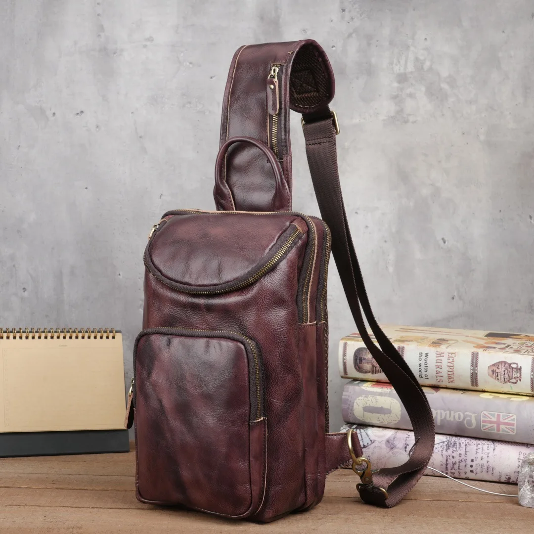 Retro Crazy Horse Leather Men's Breast Bag First Layer Cowhide Large Capacity Multifunctional Casual Small Breast Bag Travel