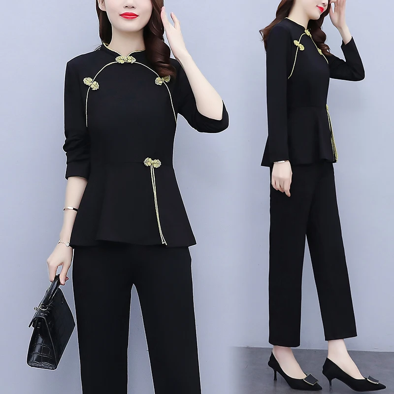 

Women Clothing Two Piece Set Autumn New Improved Cheongsam Slim Black Suit