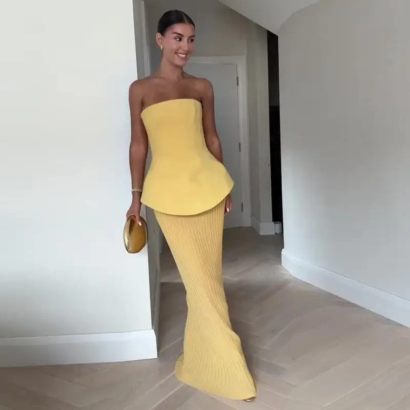 

Summer 2024 Women's Strapless Bodycon Top And Skirt Set Casual Style Pure Color Three-Piece Suit for Ladies Fashionable Outfit