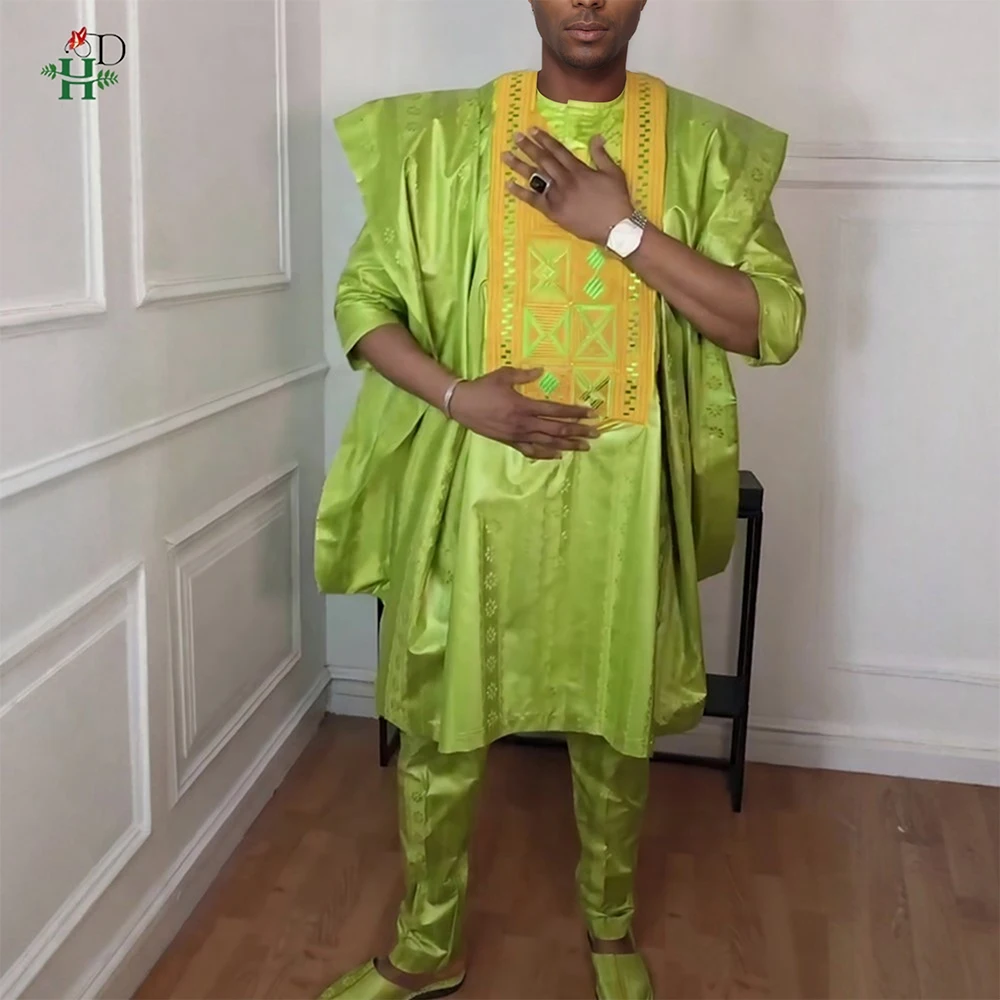 H&D African Clothing For Men Traditional Bazin Riche Embroidery Design Top Long Sleeve Green 3 PCS Set Muslim Abayas Thobe 2026