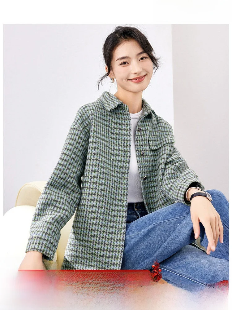 

Retro Plaid Stand Collar Jaet Women's Faion Commute Sle Versatile Daily Use Autumn New Arrival Polyester Wool Blend