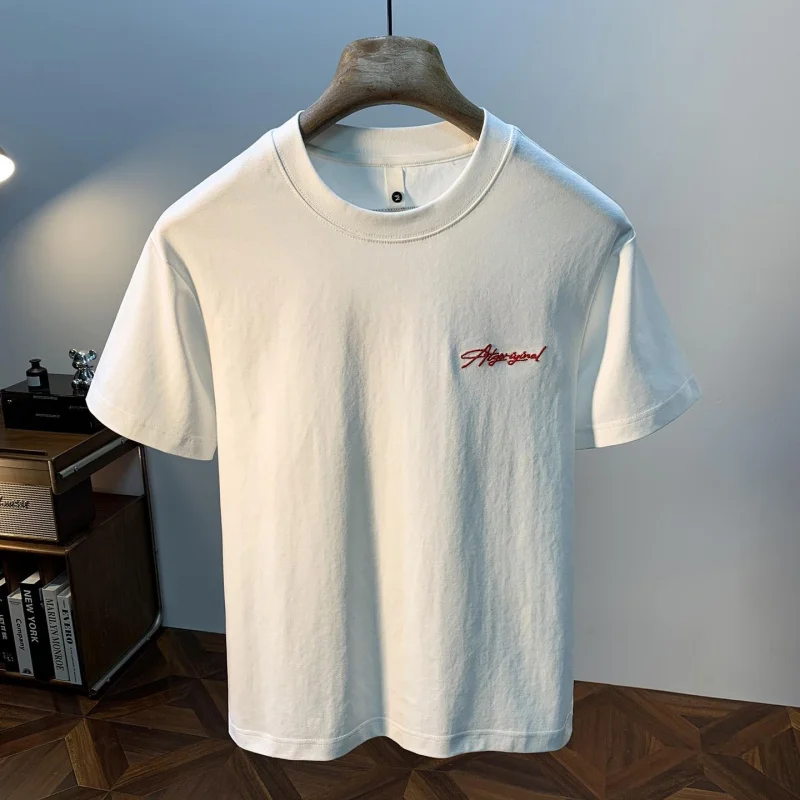 Men's 2026 Summer New White T-Shirt American Vintage Style Letter Embroidery Loose Breathable Versatile Casual Daily Wear