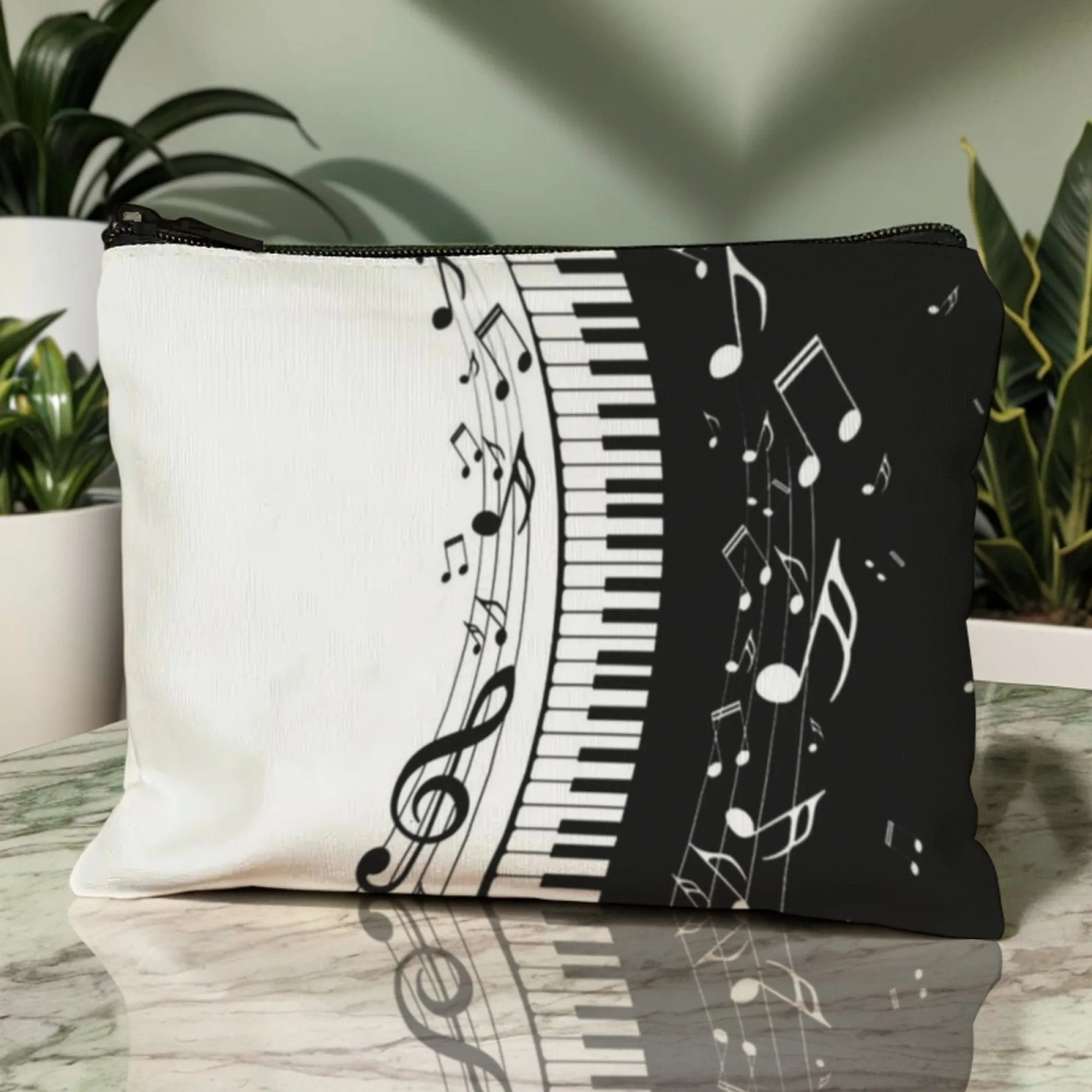 Minimalist Inspire Music Cosmetic Pouch Sleek Canvas Bag with Piano & Notes Design for Daily or Travel Use Concert Outings