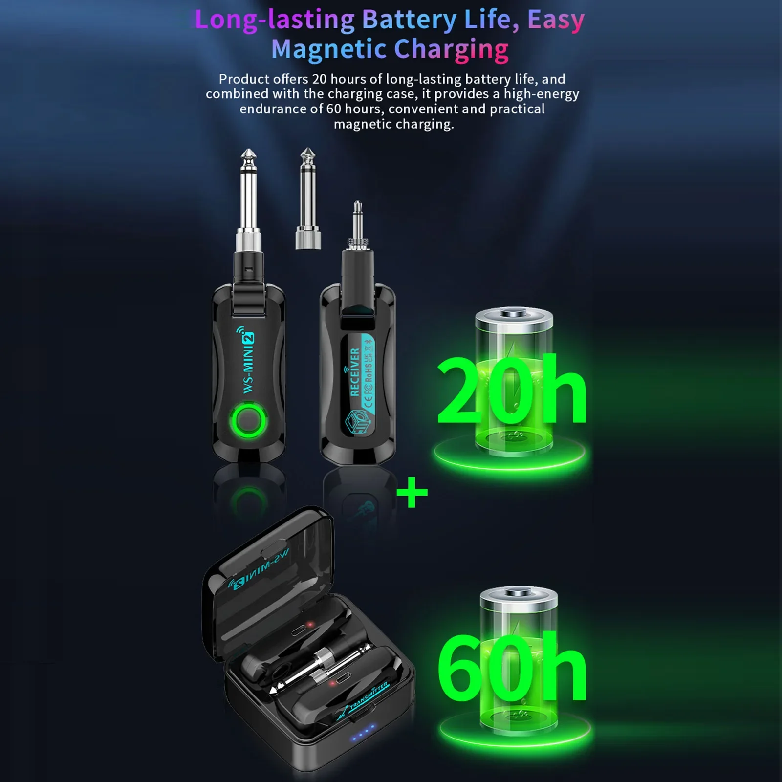 System bezprzewodowy do gitary/basu Lekato Ws-Mini2: 2.4Ghz 4-kanałowy z etui ładującym, niska latencja