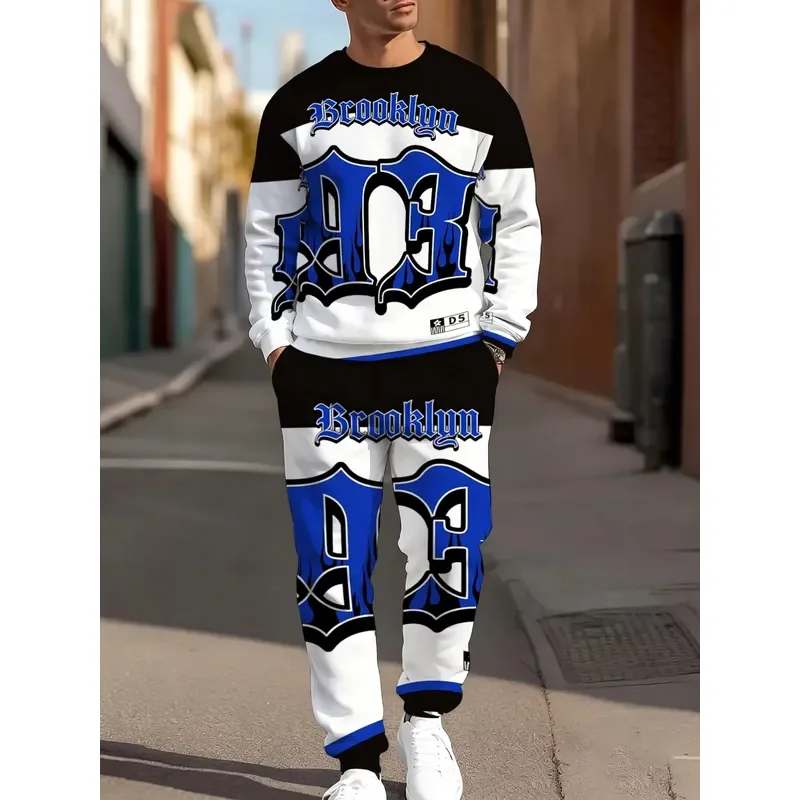 Men Round Neck Sweater Set 3D Digital Pattern Printed Casual Comfortable Fashion Autumn Winter New Style Top and Pants