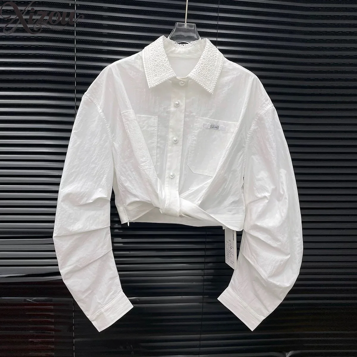 Women Blue Set Lace Trim Lapel Collar Twisted Cropped Long Sleeve Shirt Elastic Waist Ruffle Hem Sweet French Spring Outfit