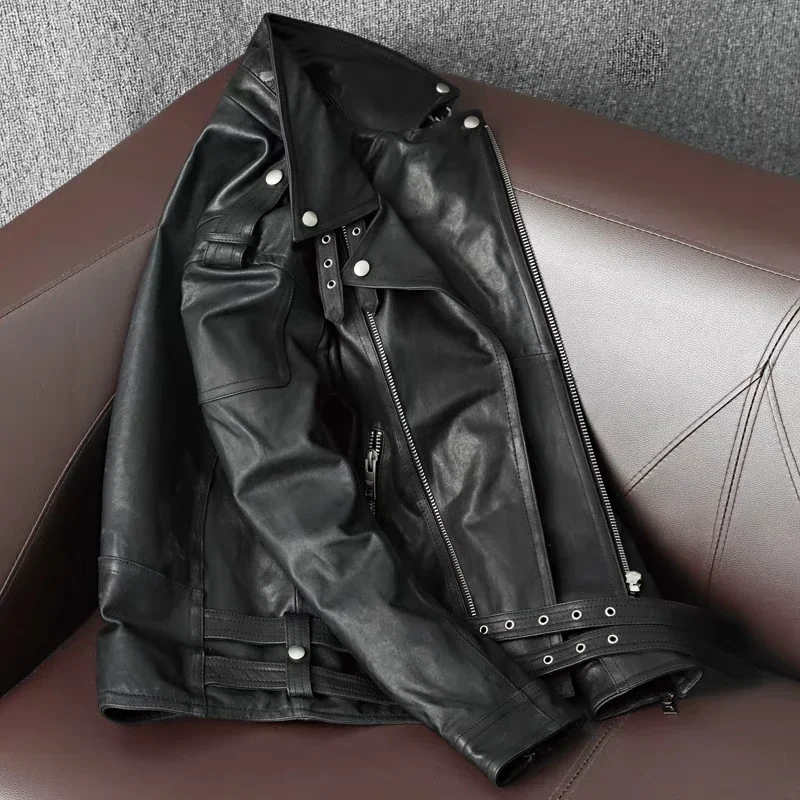 New Sheepskin Motorcycle Leather Jacket Genuine Leather Coat Men\'s Fashion Slim Lapel Jacket Autumn Genuine Leather Jacket