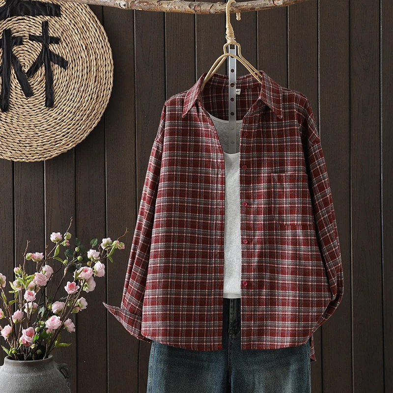 

Красный клетчатый кардиган с отложным воротником, весенне-осенний, свободный, тонкий, с длинными рукавами, женский, винтажный, повседневный, из хлопка