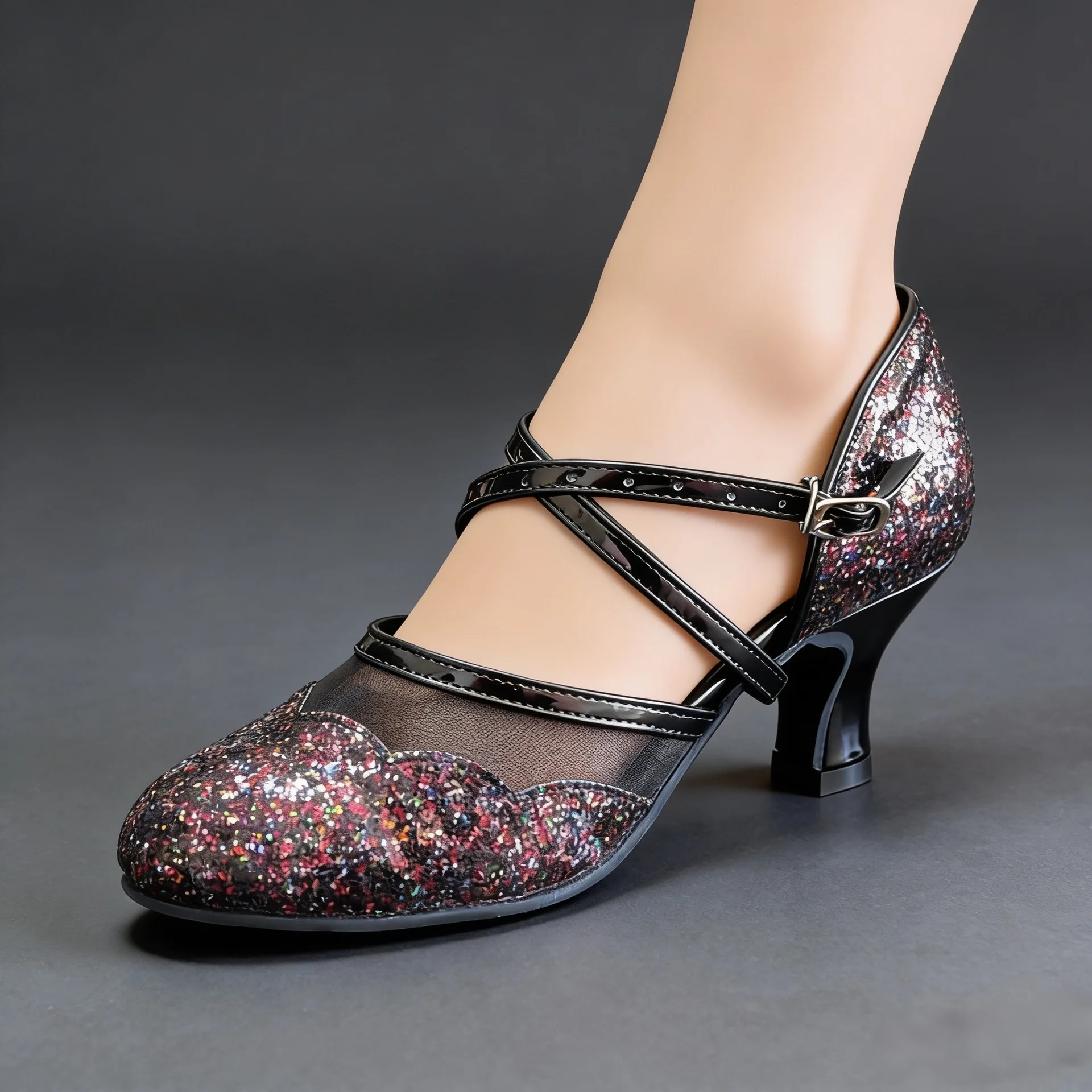 Sequins Latin Dance Shoes New Ballroom Adult Women's Modern Dance Shoes Medium High Heel Soft Sole National Standard Dance Shoes