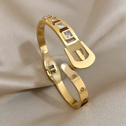 AENSOA Punk Gold Color Inlaid Rhinestone Belt Buckle Stainless Steel Open Bracelet Bangle for Women Men Thick Bracelets Jewelry