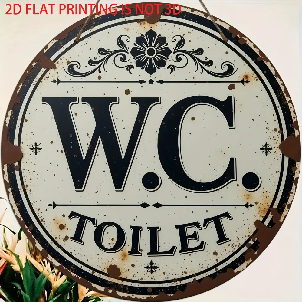 2D Flat - Decorative Plaque & Ornament | 1-Piece Retro Circular Rustic-Style WC (Toilet) Decorative Metal Plaque |