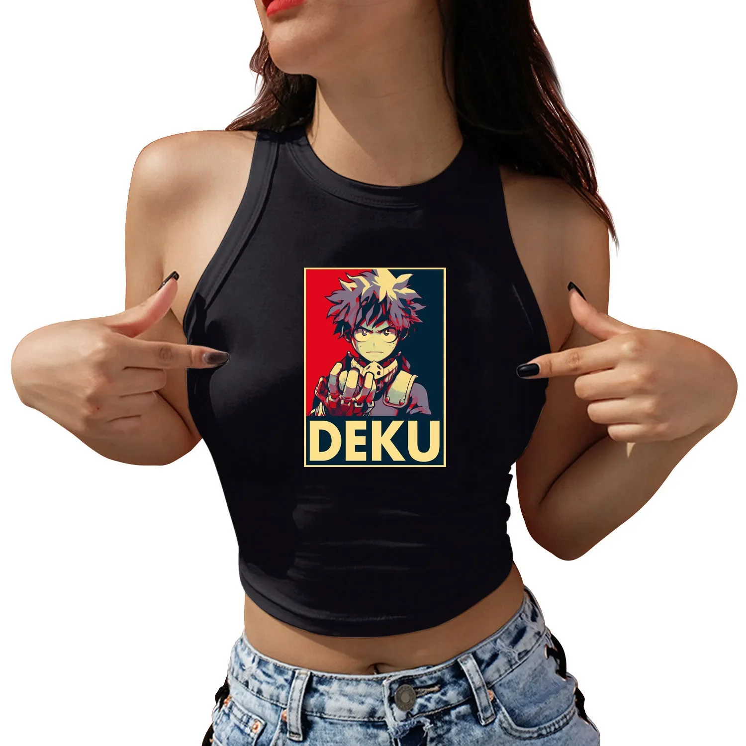 Sexy Women Shoulder-Off Crop Top My Hero Academia Katsuki Bakugou Print Sleeveless Tank Tops Fashion Streetwear Y2K T-Shirts