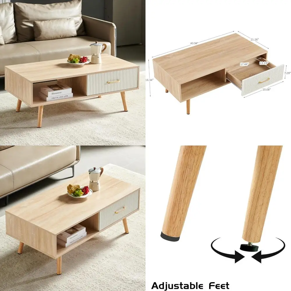 

Mid-Century Modern Rectangular Coffee Table with Striped Drawer and Storage