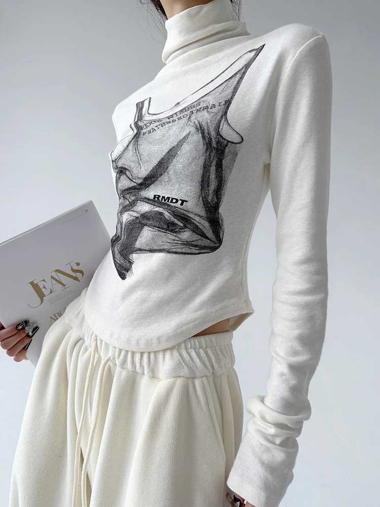 

High Ne Long Sve Women's Base Layer irt Slimming Design American Retro Spicy Girl Sle Cotton Polyester Blend Top