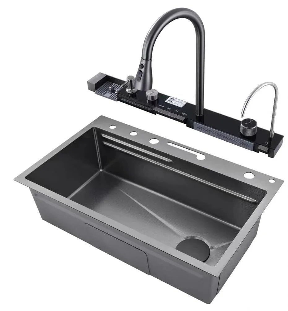 

Современная популярная большая многофункциональная раковина с одним слотом, устойчивая к царапинам, светодиодный цифровой дисплей, водопад, кухонная раковина с мойкой для чашек