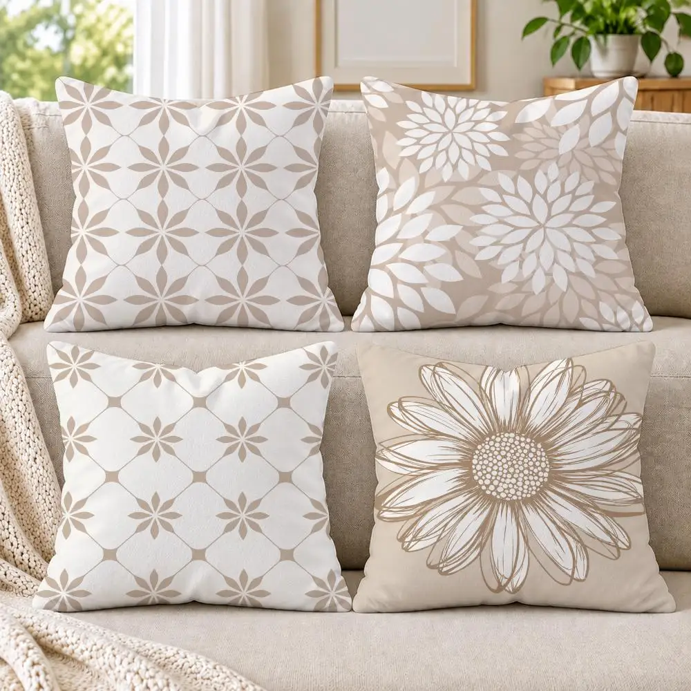 Minimalist Neutral Botanical Cushion Cover Soft Short Plush Pillow Cases Hidden Zipper Cutecore Sofa Bedroom Home Decor Gift