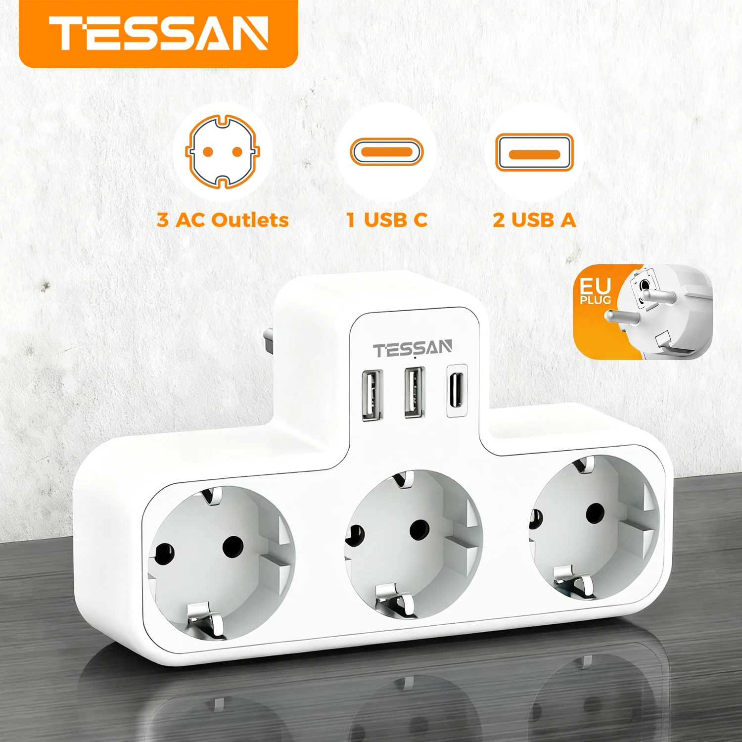 TESSAN Mehrfachsteckdose nach EU-Standard, USB-Wandsteckdose, 6-in-1-Steckdose mit 3 AC-Steckdosen und USB-Ladeanschlüssen für Zuhause und Büro