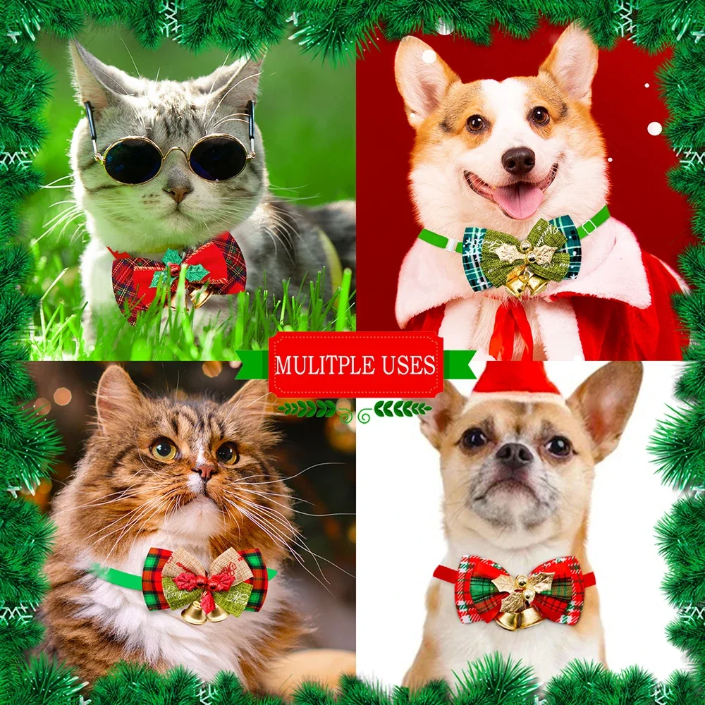 10PCS Christmas Dog Bowties With Bell Classic Plaid Pet Collars Dog Grooming Accessories Pet Dog Bow Ties Pet Supplies For Dogs