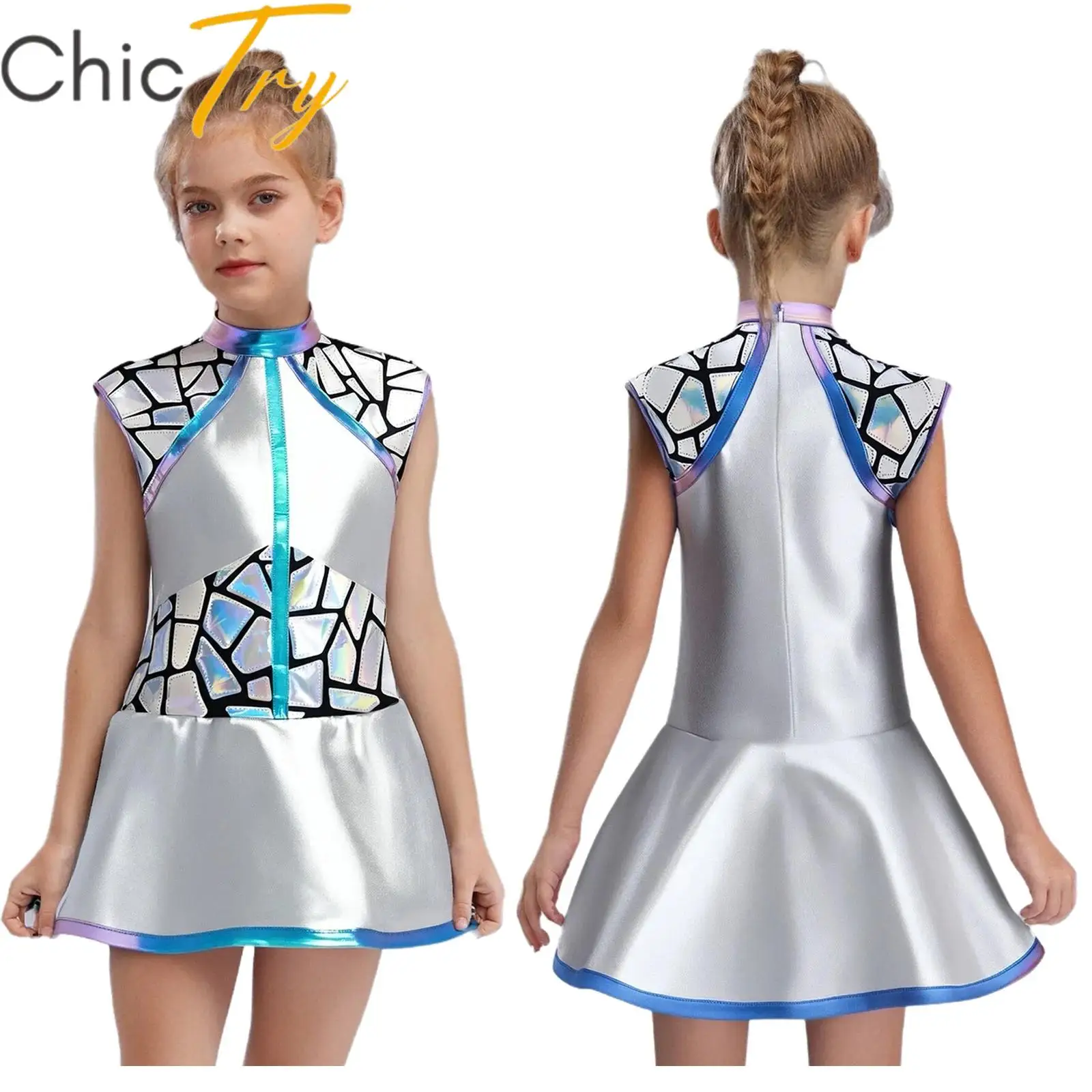 

Kids Girls Halloween Metallic Alien Costume Sleeveless Sequins Dress Alien Outer Space Anime Carnival Cosplay Party Dress Up