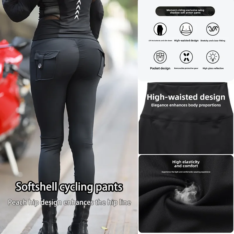 WOSAWE Women Motorcycle Pants High Waist Stretchy Reflective Slim Fit Riding Trousers Peach Hip