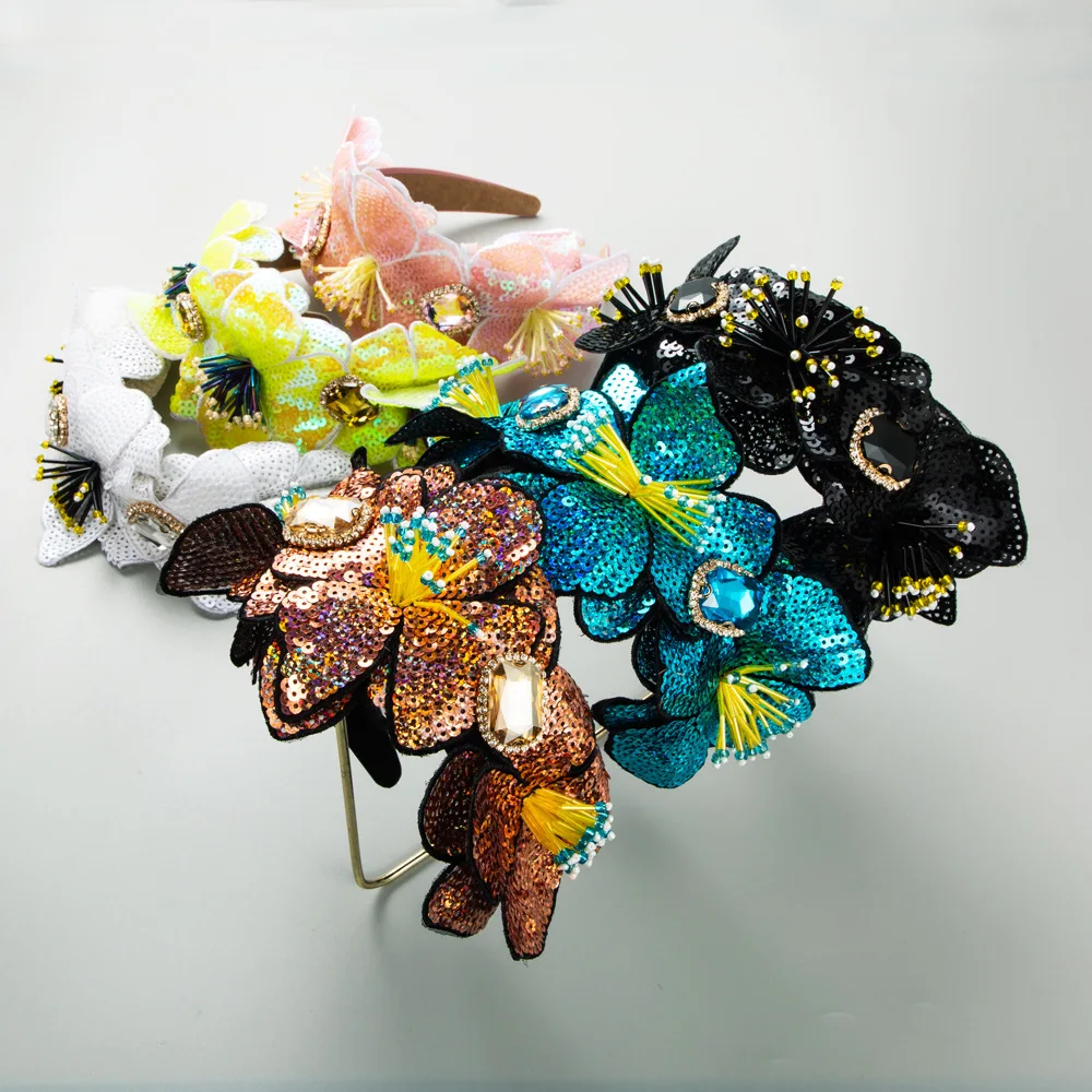 

Heavy Industry Retro Headband Female Baroque Fashion Flower Rhinestone Headband Female Wide Edition Luxury Sequin Headband Head