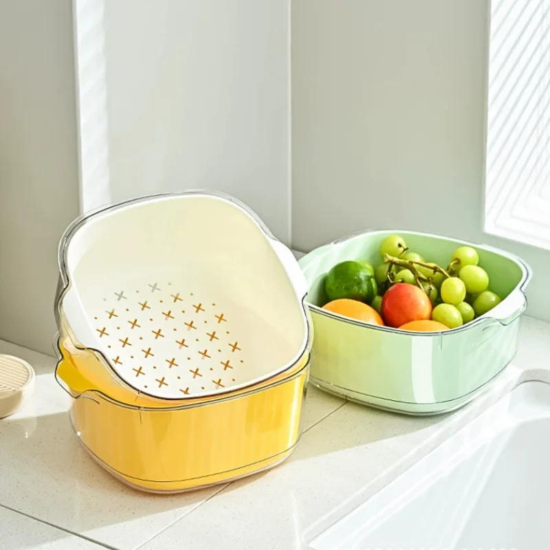 Double-Layer Kitchen Draining Basket Large Capacity Vegetable Washing Basin Fruit Storage Luxury Living Room Design