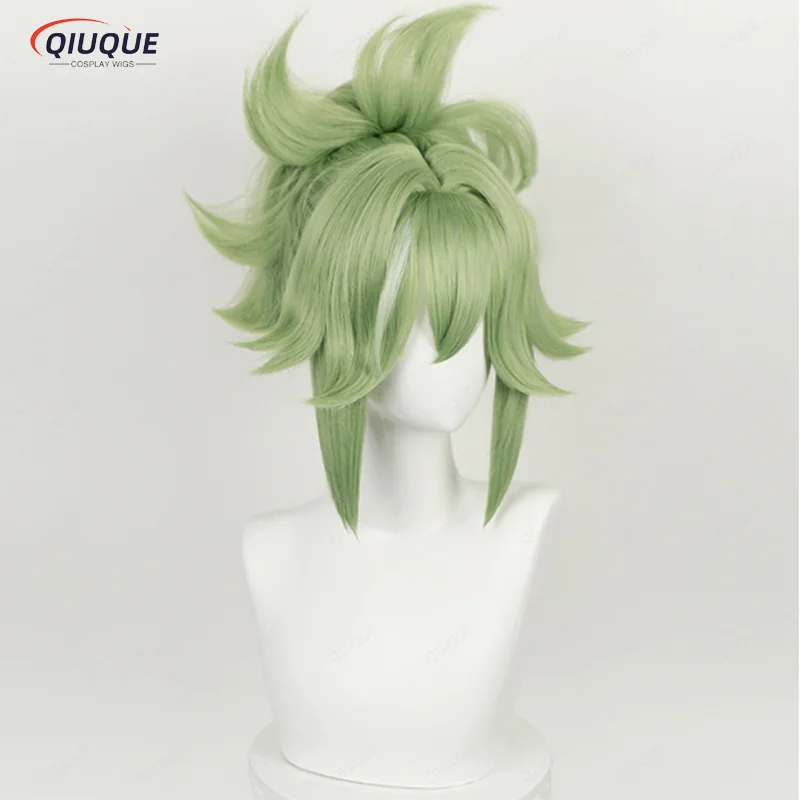 Kuki Shinobu Cosplay Wig Game Impact Light Green Heat Resistant Synthetic Hair Clip Ponytail Wigs+ Wig Cap + Mask