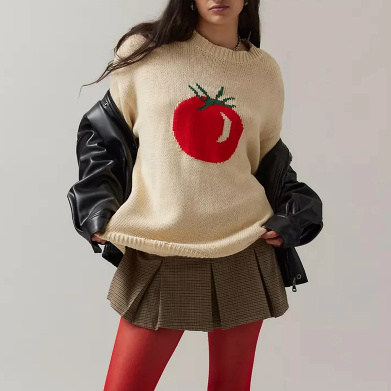 

Women's Y2K Knitted Aesthetic Tomato Patterned Sweaters Hollow Hole Long Sleeve Round Neck Ribbed Loose Pullover Tops