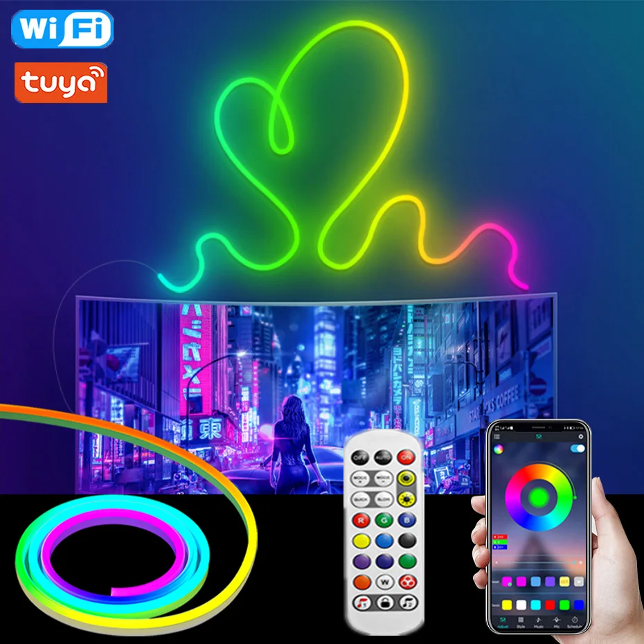 Tuya WiFi 12V RGBIC Neon Led Strip Light 84LEDs/m 1-5m EU/AU/UK/US plug Alexa Google Home Remote Control Dreamcolor Neon Light