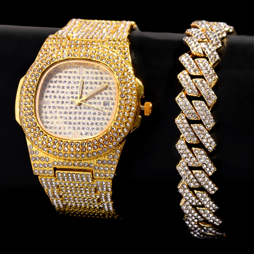 Hip Hop Men Cuban Link Chain Bracelet With Wrist Watches Bling Iced Out Chain Full Rhinestone Paved Crystal Bracelets Jewellery