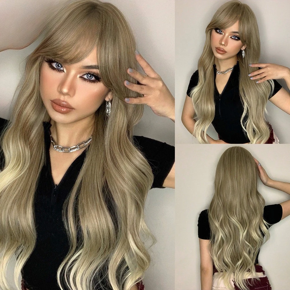 

Fanshion Dark Brown Blonde Ombre Wigs with Bangs Long Wavy Daily Wigs for Women