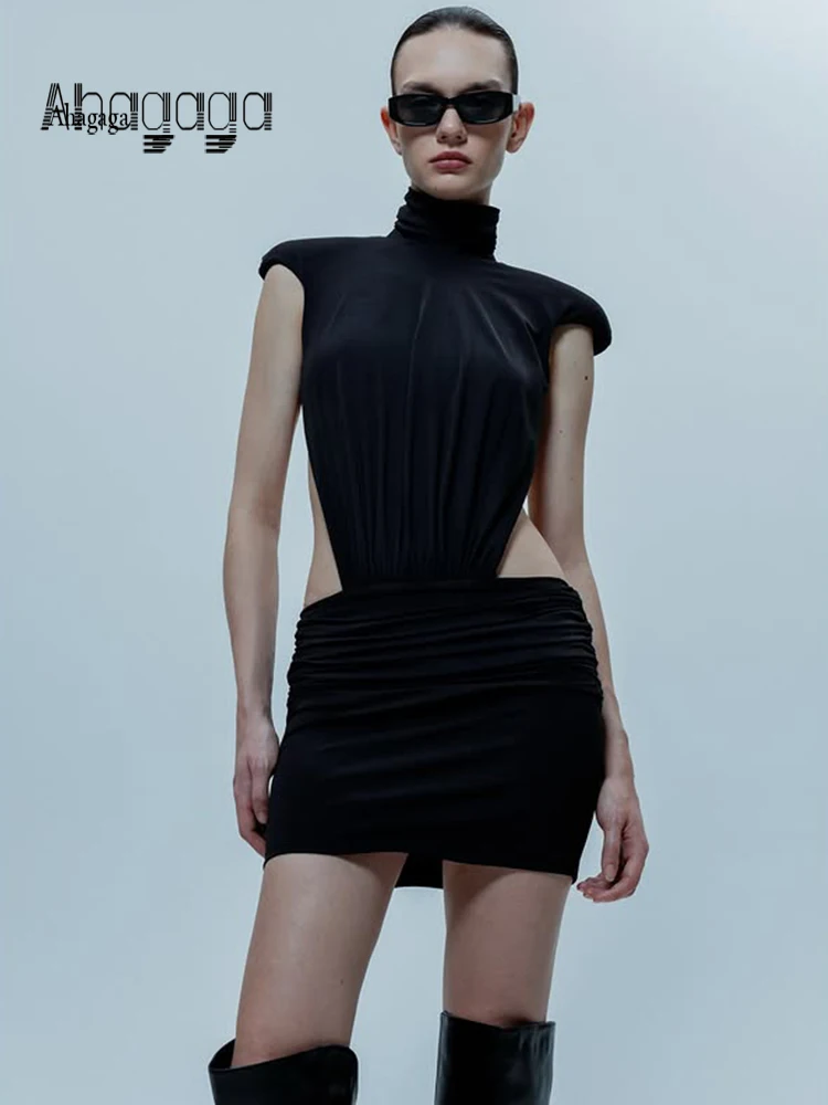 Ahagaga-vestidos de moda para mujer, cuello alto, liso corto, mangas, sin espalda, ajustado, tendencia básica, ropa de calle informal Sexy